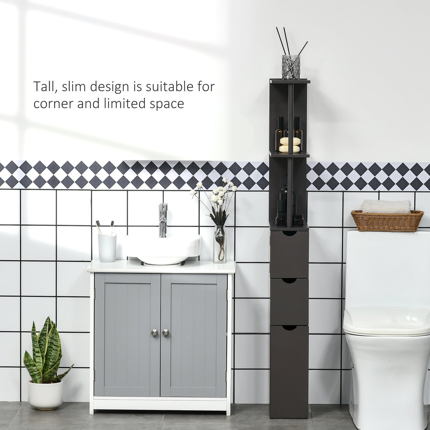 Tall Bathroom Storage Cabinet, Narrow Bathroom Cabinet with Drawers and Open Shelves for Small Spaces, Brown