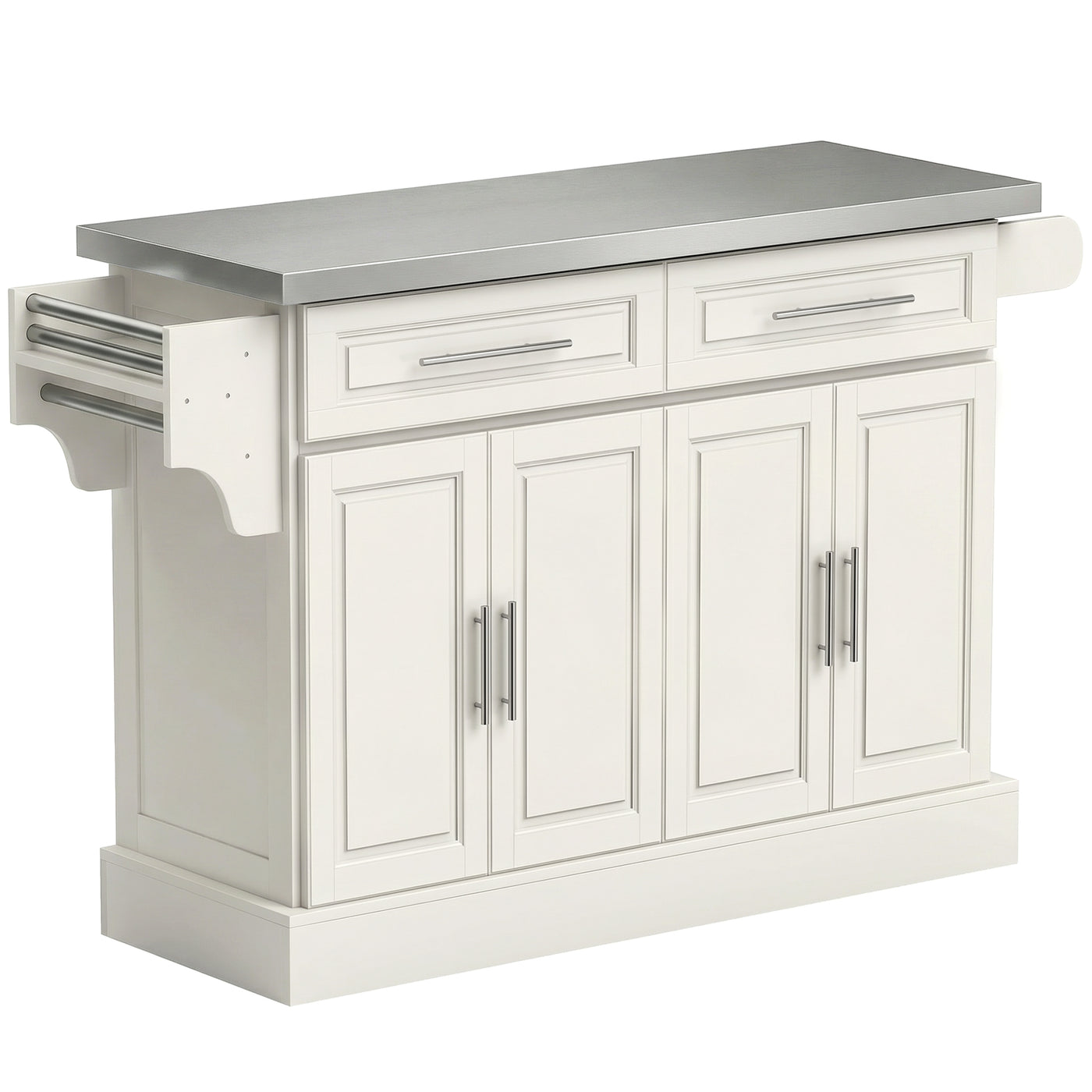 Rolling Kitchen Island with Storage and Stainless Steel Top, Kitchen Trolley with Drawers, Cabinets, Towel Rack, Cream