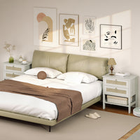 Set of 2 Boho Bedside Tables, Rattan Nightstands with 2 Drawers, Storage Shelf, End Side Tables for Bedroom, White Oak