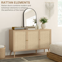 Kitchen Sideboard Cabinet, Boho Storage Cabinet with Shelves, Wood Legs, Decorative Rattan Doors, Natural