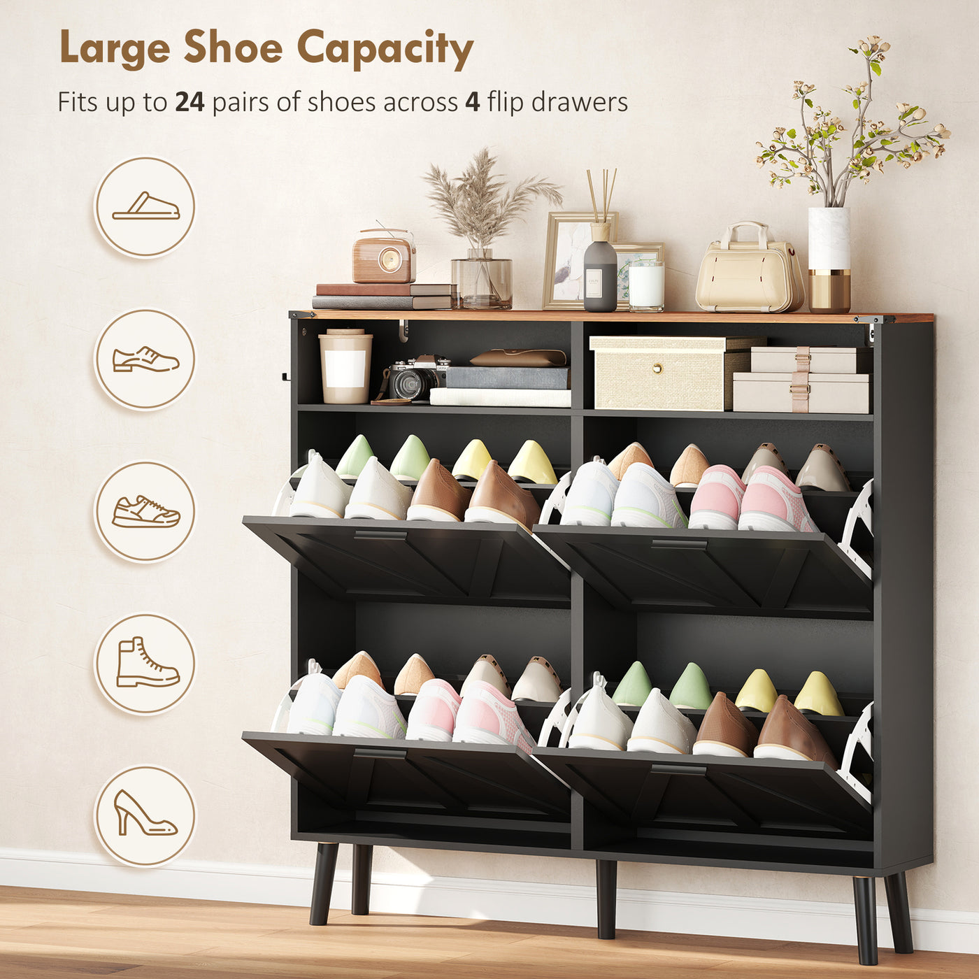 Shoe Storage Cabinet with 4 Flip Drawers, Farmhouse Narrow Shoe Cabinet, Holds Up to 24 Pairs, Black
