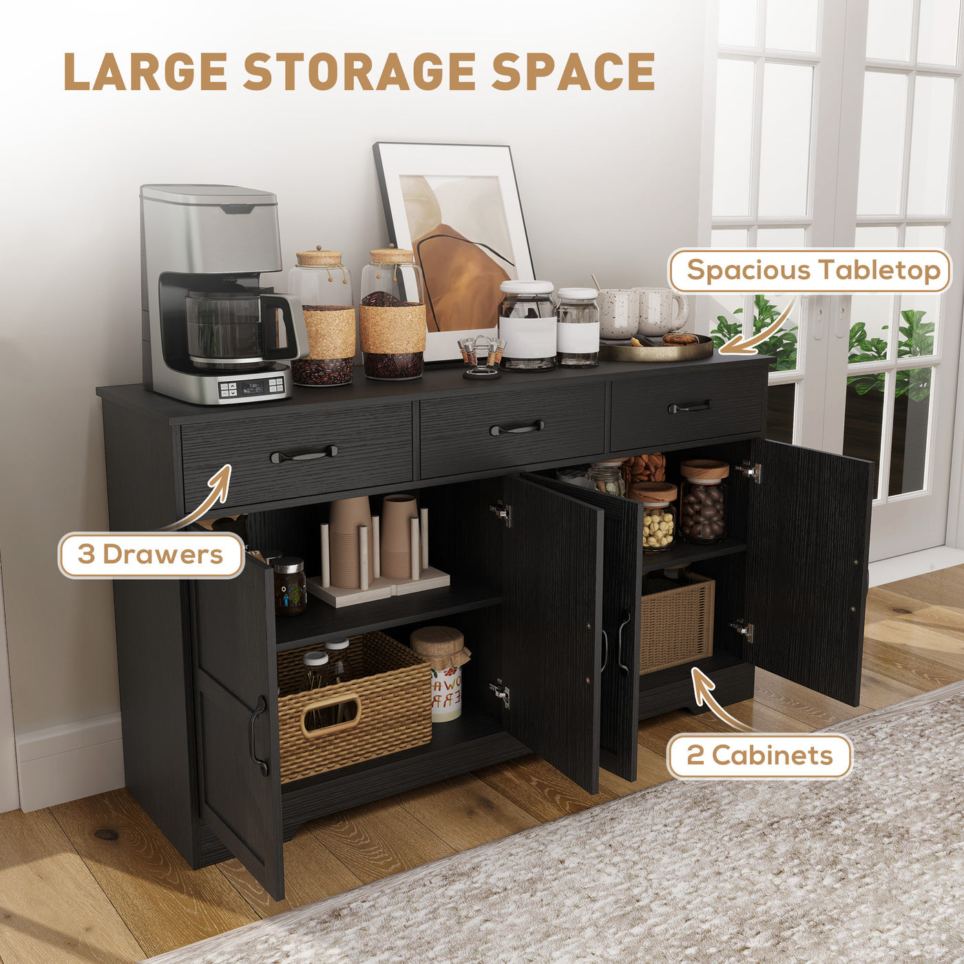 Sideboard Buffet Cabinet with Storage, Modern Coffee Bar Cabinet with 3 Drawers and Adjustable Shelves, Distressed Black