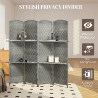 6 FT Privacy Screen, 4 Panel Room Divider with Shelves for Living Room Bedroom Home Office, Grey
