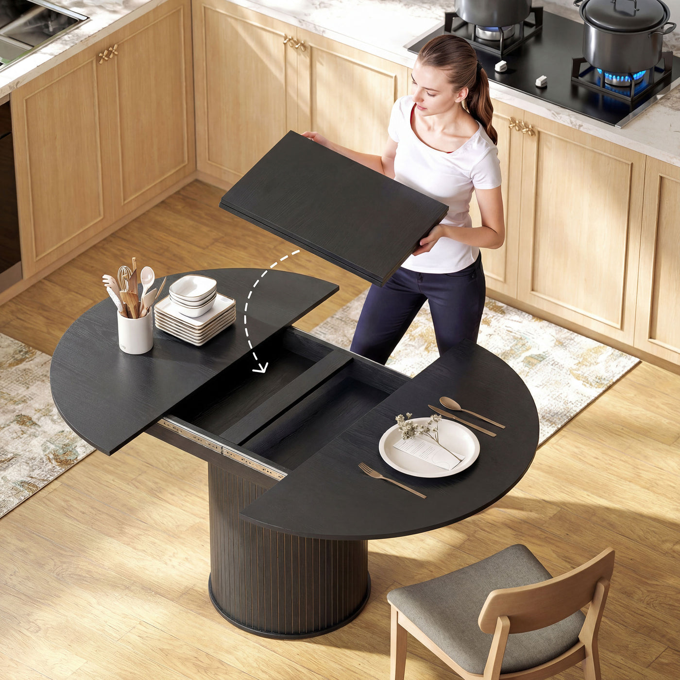 Extendable Kitchen Table for 6-8, 43.5"-59" Farmhouse Dining Table with Pedestal Base Black Wood Grain