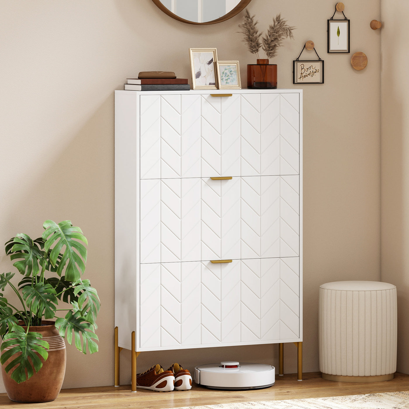 Shoe Cabinet with 3 Flip Drawers, Modern Narrow Shoe Storage Cabinet with Adjustable Shelves, White