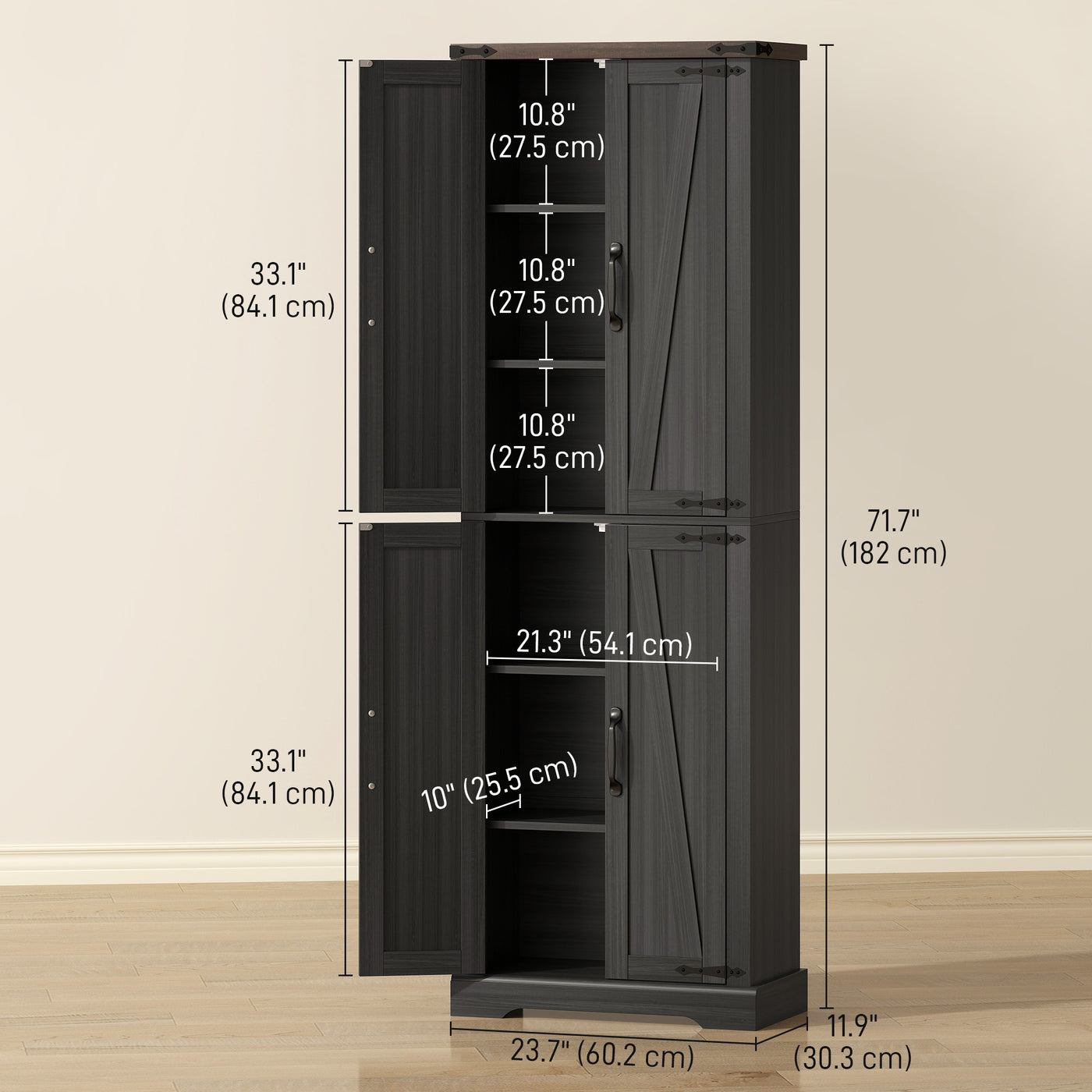 72" Pantry Cabinet, Farmhouse Freestanding Kitchen Storage Cabinet with Adjustable Shelves for Dining Room, Black