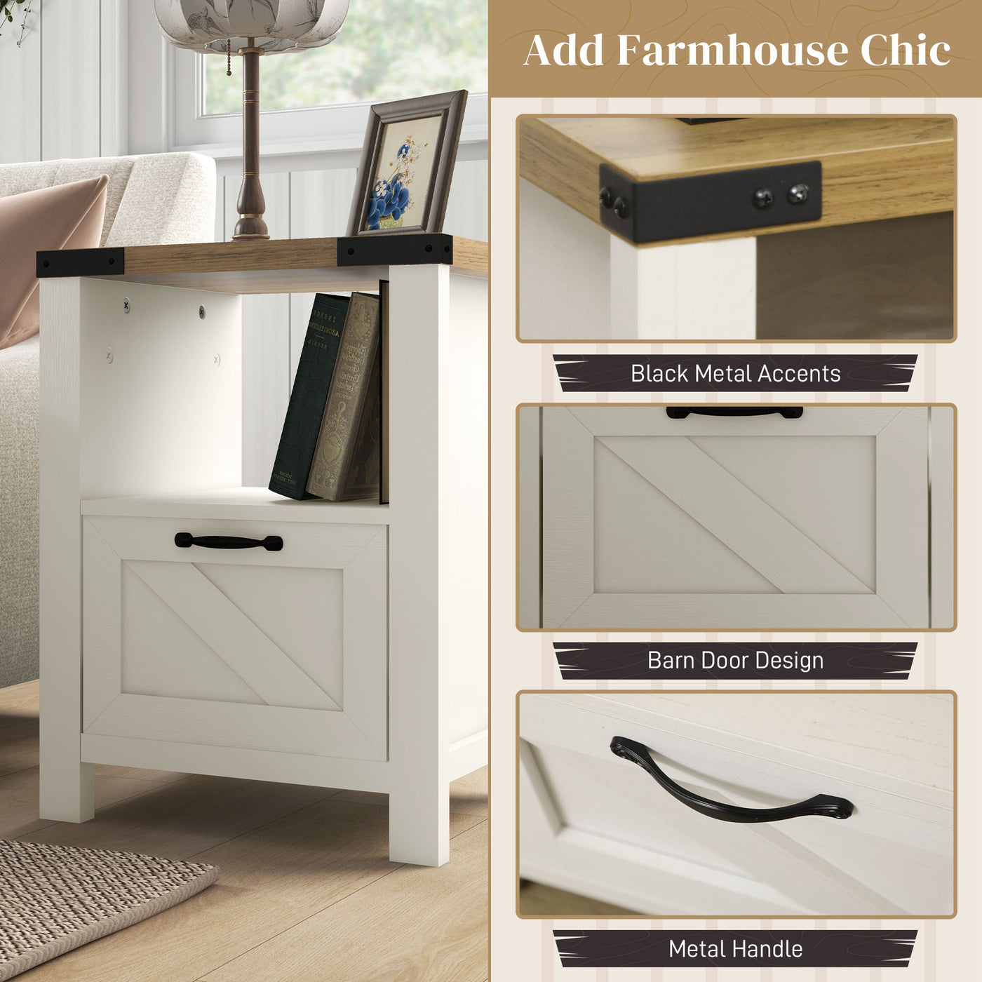 Side Table with Storage, Farmhouse End Table with Drawer, Open Shelf and Barn-style Panel, Nightstand for Living Room, Bedroom, White