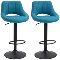 Bar Stools Set of 2, Swivel Counter Height Barstools with Adjustable Height, Linen Upholstered Bar Chairs with Round Metal Base and Footrest, Blue