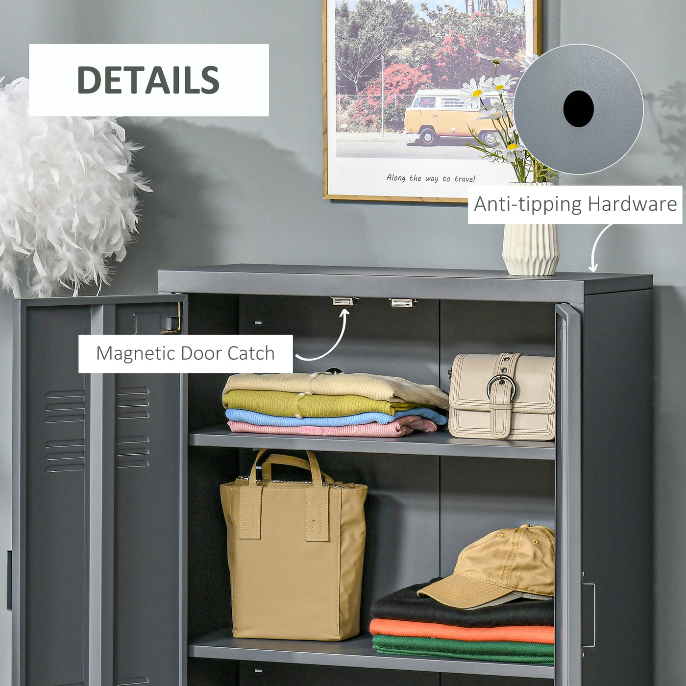 Metal Storage Cabinet, Industrial Sideboard Buffet Cabinet with 2 Louvered Doors, Adjustable Shelves, Grey