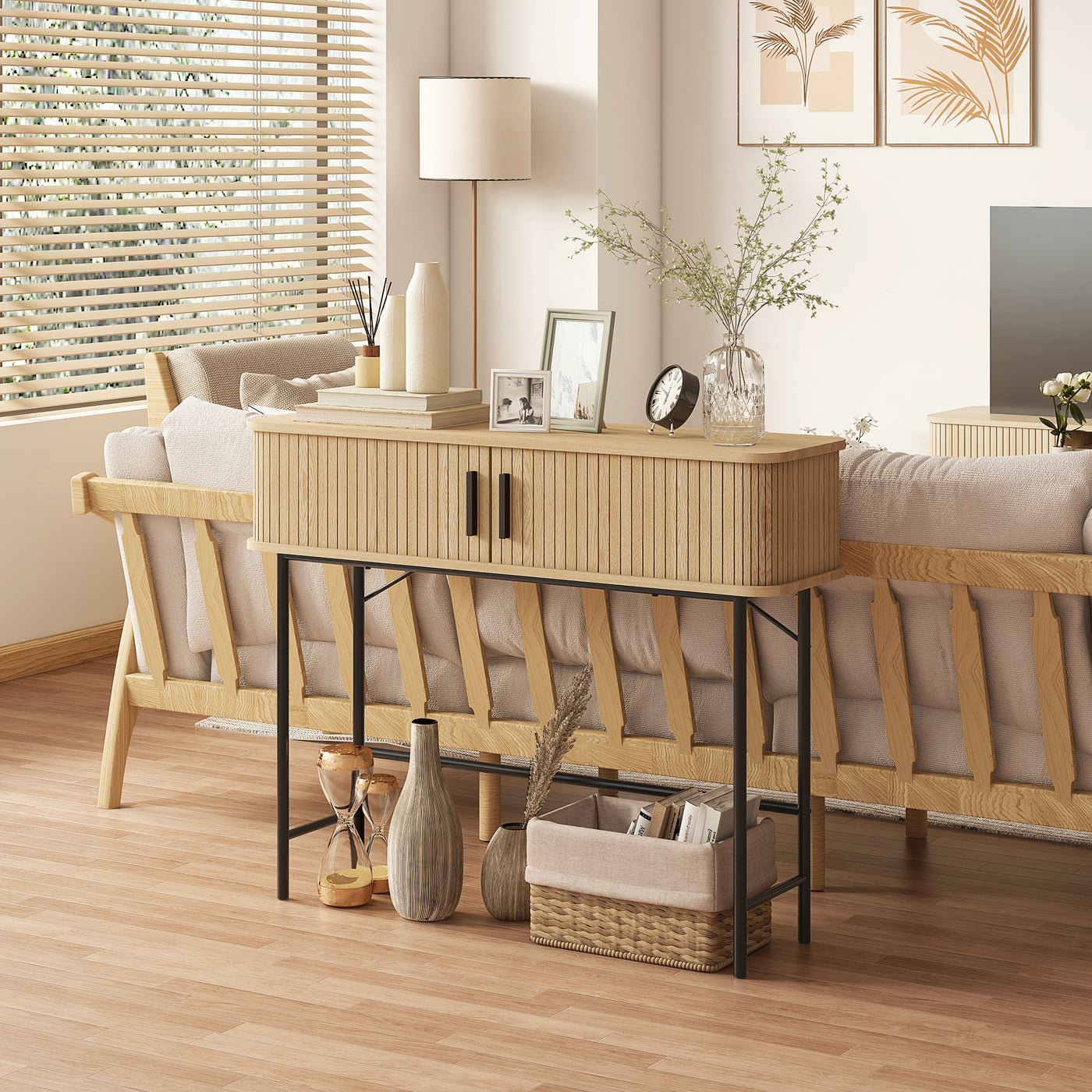 Mid-Century Entryway Table, Narrow Console Table with Storage Compartments for Behind Couch, Living Room, Oak and Black