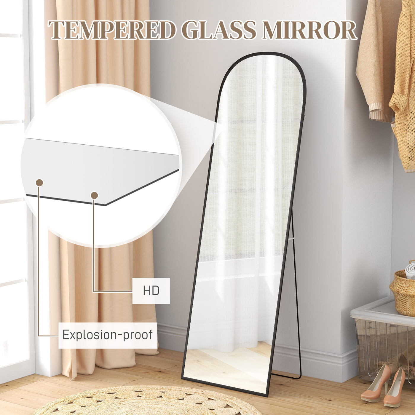 Arched Standing Mirror, 64" x 20" Full Length Mirror, Free Standing or Wall Mounted for Living Room, Bedroom, Black