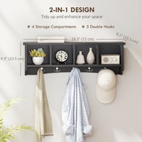 Coat Rack Wall Mount with Shelf, 28" Wall Coat Rack with 5 Hooks and 4 Compartments for Living Room, Entryway, Black