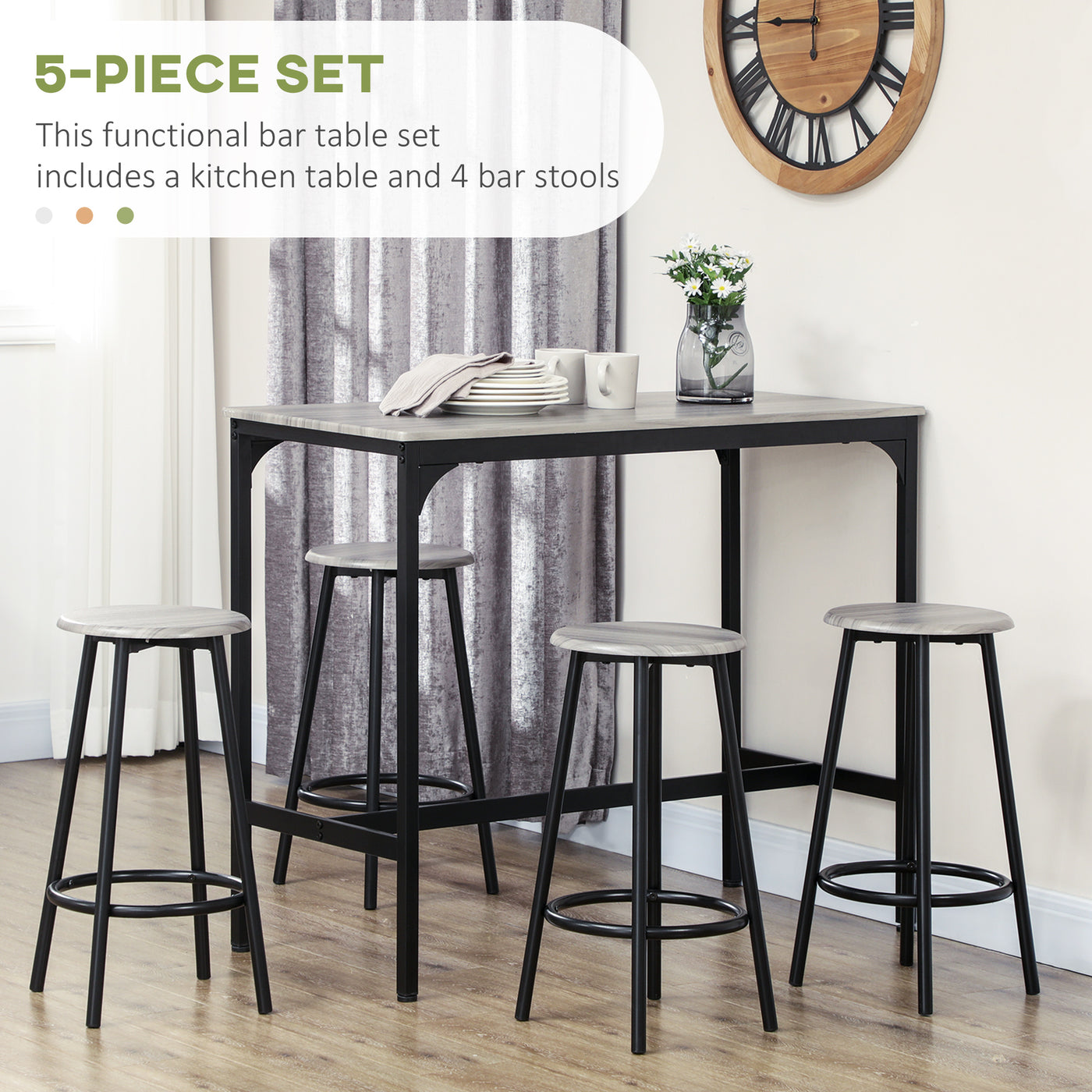5-Piece Bar Table Set for 4, Industrial Counter Height Bar Table and Chairs for Kitchen, Dining Room, Grey