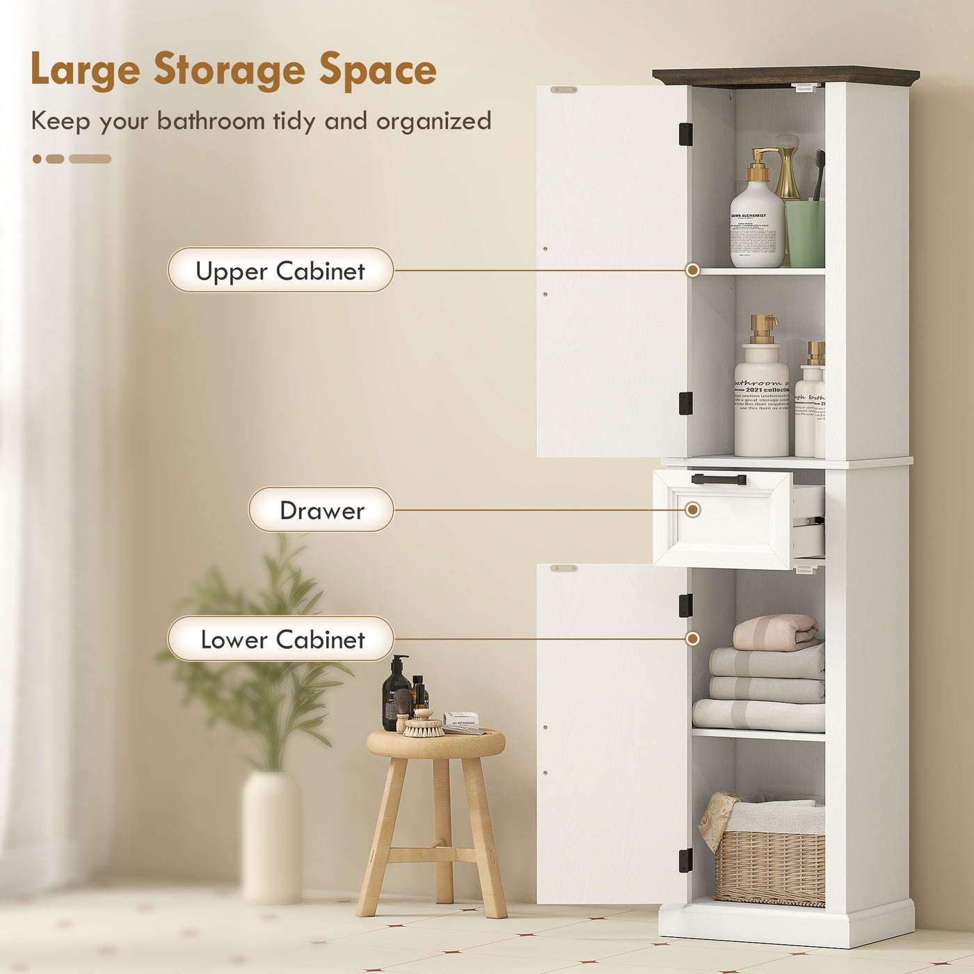 65" Tall Bathroom Storage Cabinet, Freestanding Farmhouse Slim Bathroom Cabinet with 2 Doors, Shelves and Drawer, White