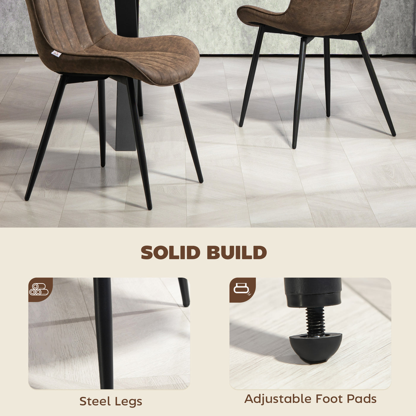 Dining Chairs Set of 4, PU Leather Upholstered Kitchen Chairs with Backrest and Steel Legs for Dining Room, Brown