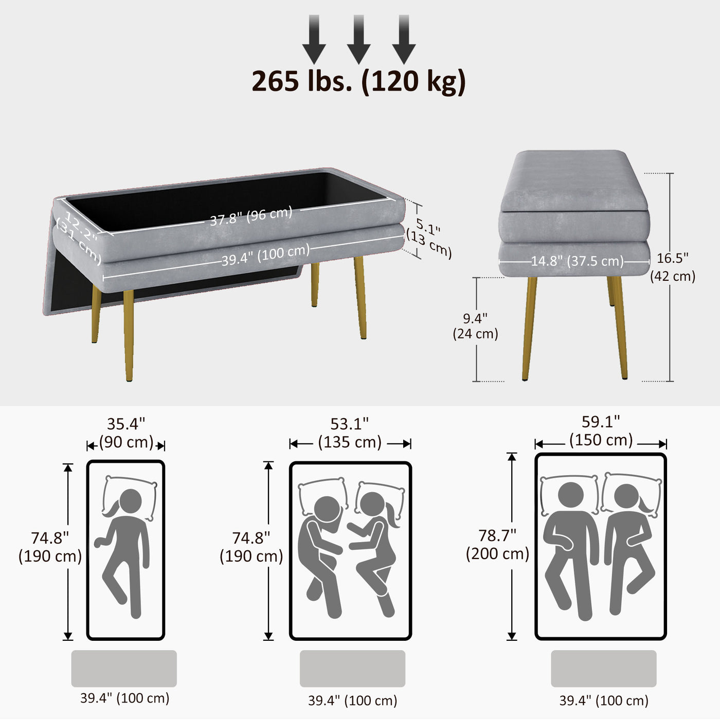 39" Storage Ottoman, Velvet End of Bed Bench with Steel Legs, Foot Stool with Storage for Bedroom, Living Room