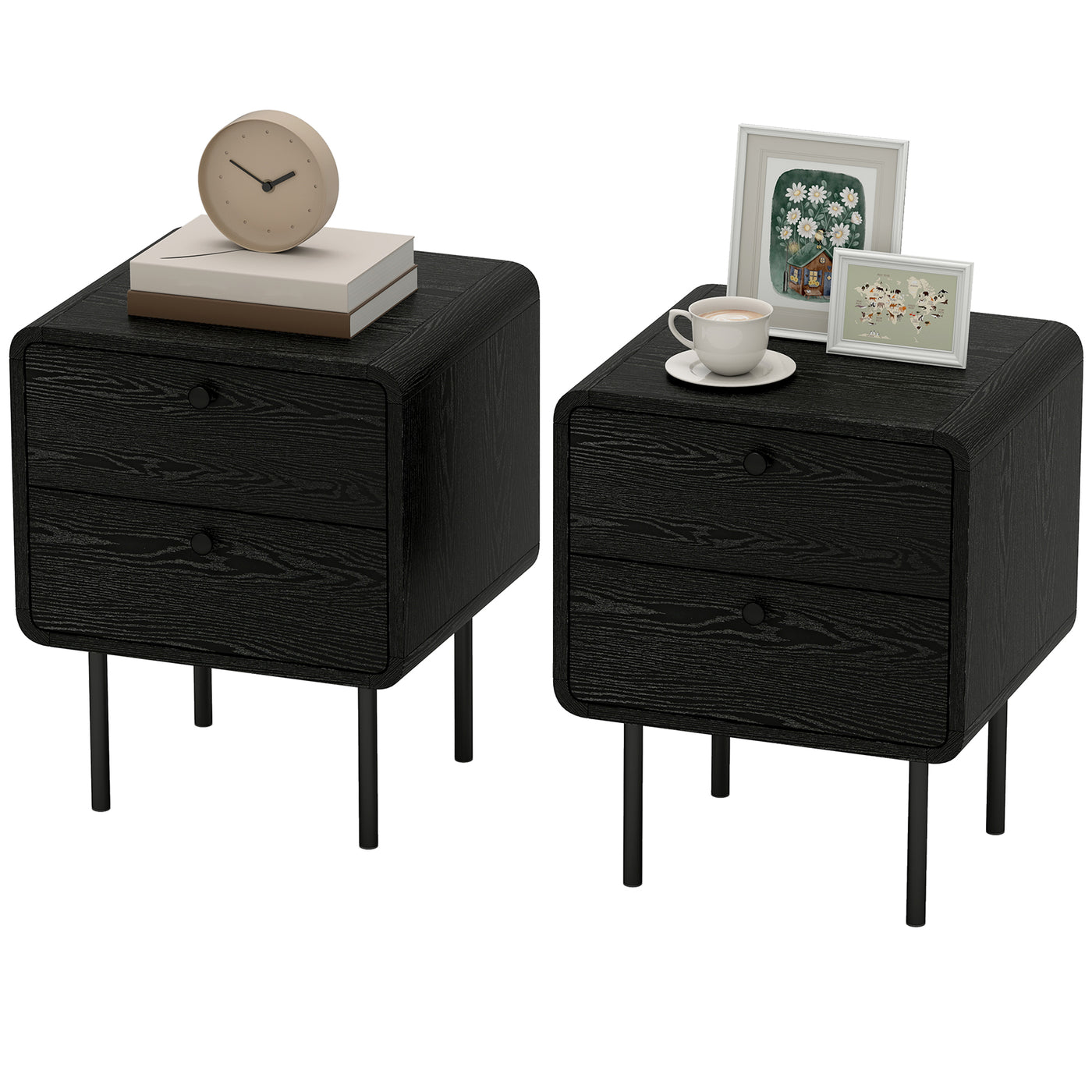 Modern Bedside Tables Set of 2, 2 Pieces Nightstands with 2 Storage Drawers and Steel Legs for Bedroom, Black Wood Grain