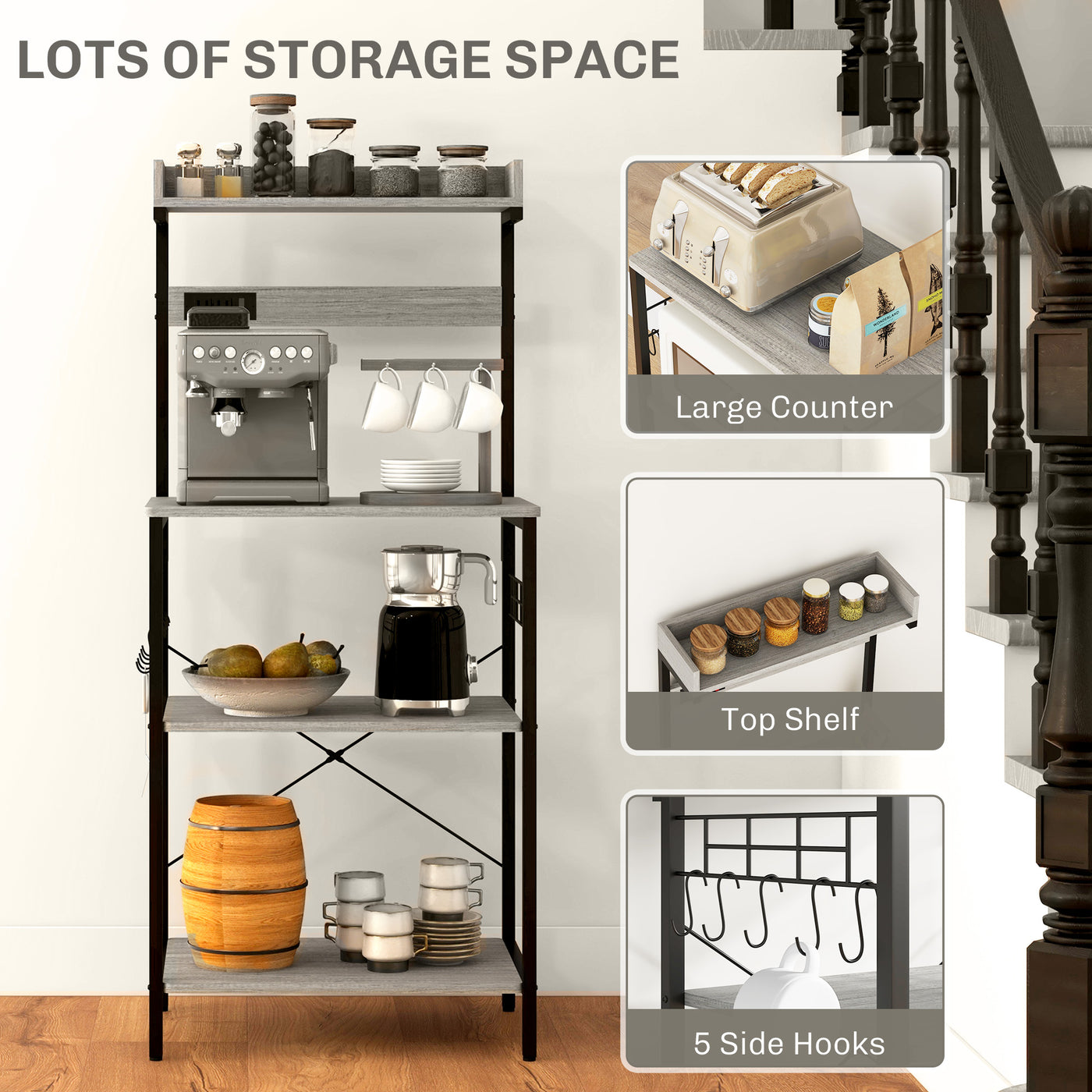 Kitchen Baker's Rack with Power Outlet, Coffee Bar Station with Adjustable Shelves and Hooks, Distressed Grey