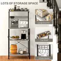 Kitchen Baker's Rack with Power Outlet, Coffee Bar Station with Adjustable Shelves and Hooks, Distressed Grey