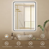 36" x 28" Bath Mirror with LED Lights, Wall Mounted Restroom Mirror, 3 Colours, Dimmable, Horizontal/Vertical, Black