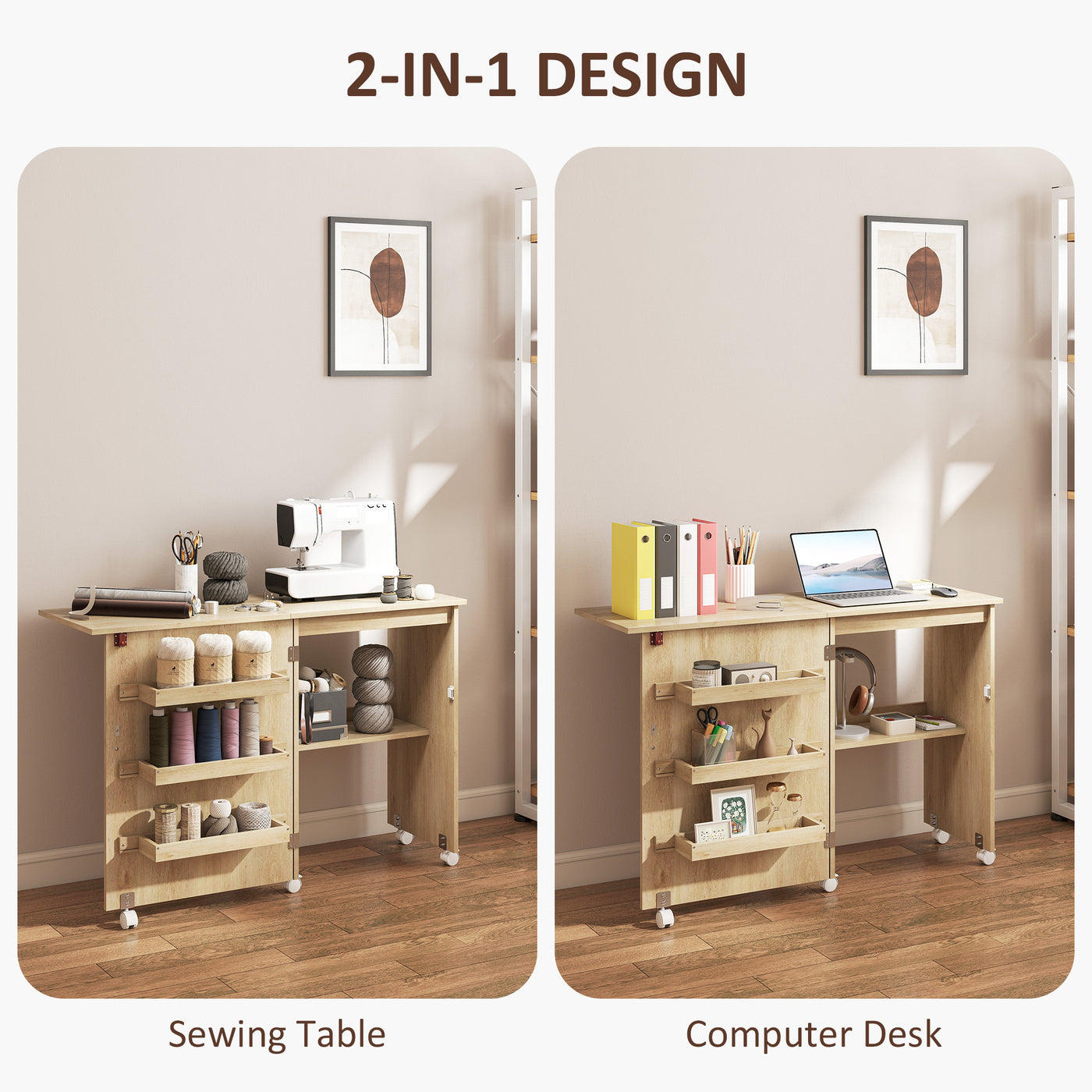 Sewing Machine Cabinet, Folding Sewing Table with Storage Shelf, Bins and Lockable Wheels for Small Space, Nature Wood