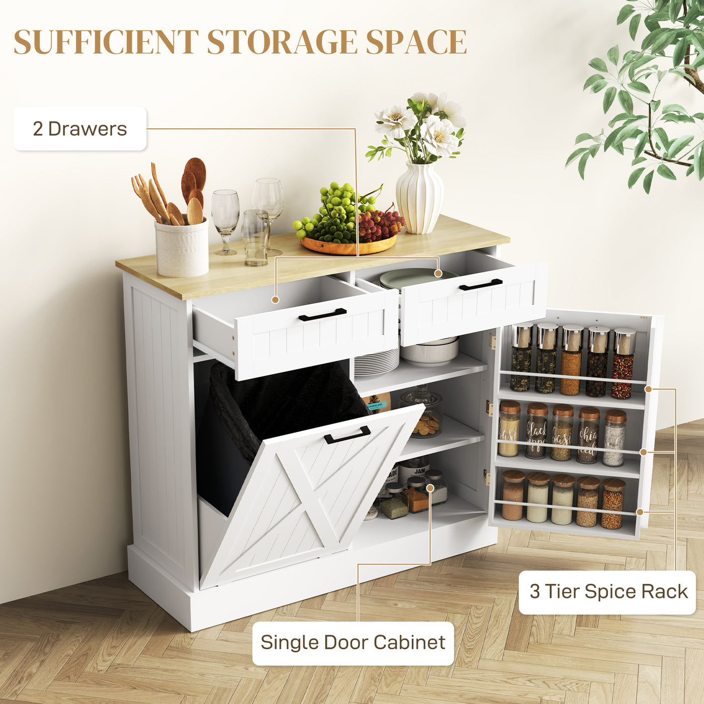 10 Gallon Hidden Garbage Bin Cabinet, Tilt Out Trash Cabinet w/ 2 Drawers, Freestanding Kitchen Island, White