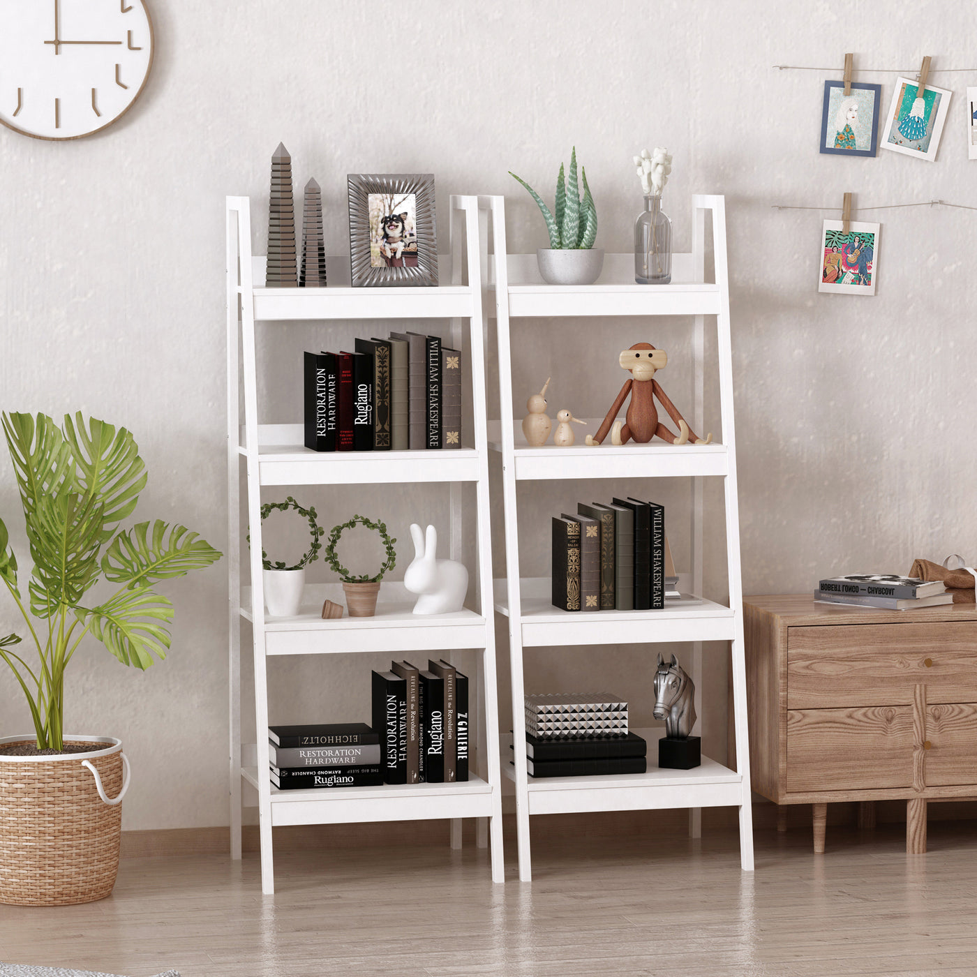 Set of 2, 4 Tier Ladder Shelf Bookcase, Multi-Use Display Rack, Storage Shelving Unit Display Stand, Flower Plant Stand, Home Office Furniture, White
