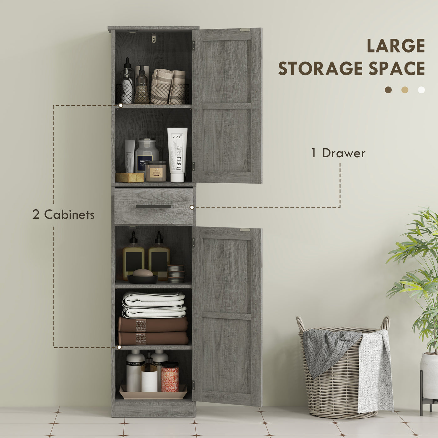 67" Tall Bathroom Cabinet, Narrow Bathroom Storage Cabinet with Drawer, Barn Doors and Adjustable Shelves, Dark Grey