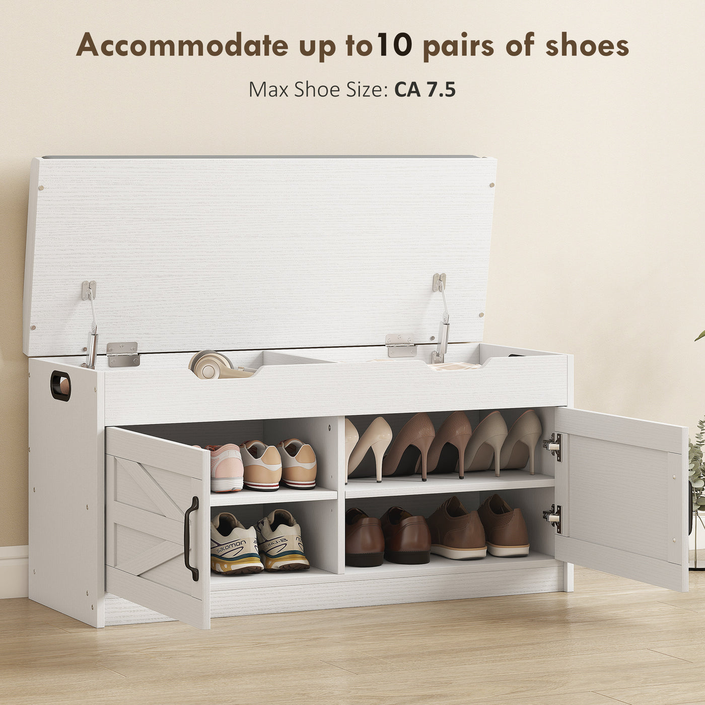 Shoe Storage Bench, Entryway Bench with 2-Tier Cabinet, Flip-Top Storage, Padded Cushion for Hallway, White