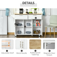 48" Kitchen Island with Storage and Solid Wood Top, Rolling Kitchen Cart on Wheels with 2 Storage Drawers, 3 Doors and Towel Rack for Dining Room, White