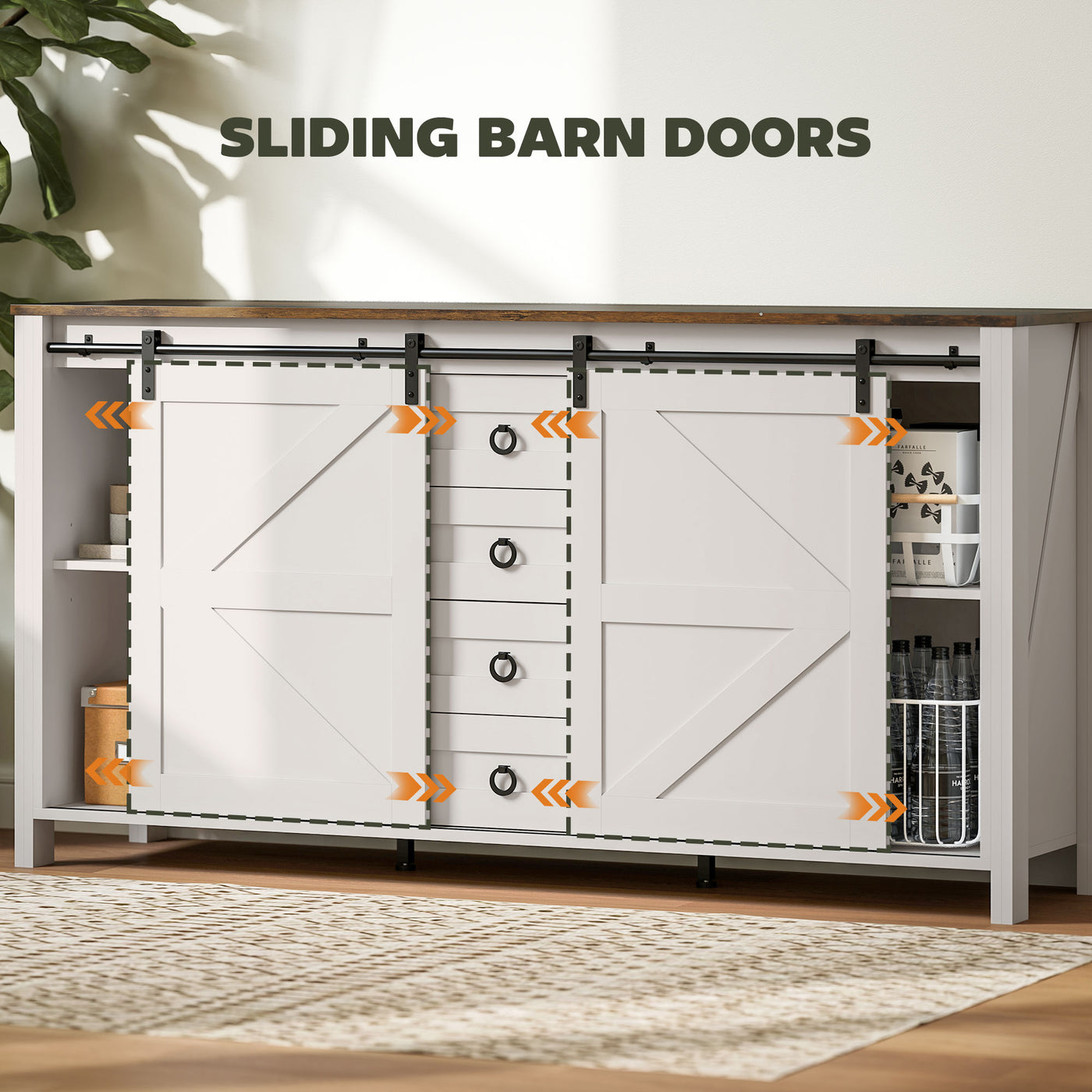 60" Buffet Cabinet, Farmhouse Sideboard with Sliding Barn Doors, Drawers and Adjustable Shelves, Cream White