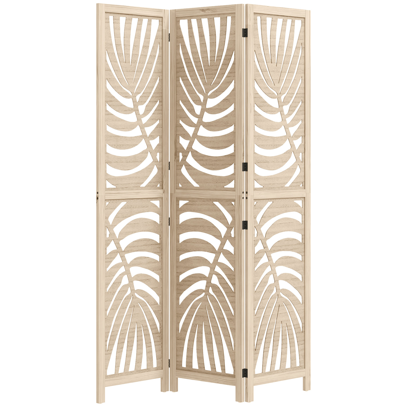 3 Panel Room Divider, Detachable Folding Privacy Screens with Palm Leaf Design for Home Office, Natural Wood Finish