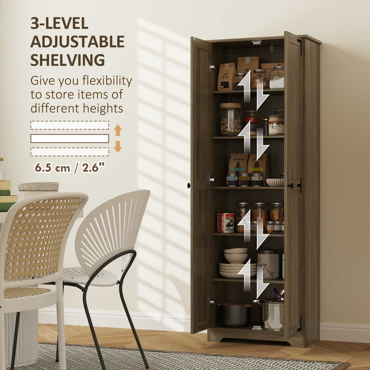 67" Farmhouse Pantry Cabinet with 2 Doors, Tall Storage Cabinet with Adjustable Shelves, Distressed Grey