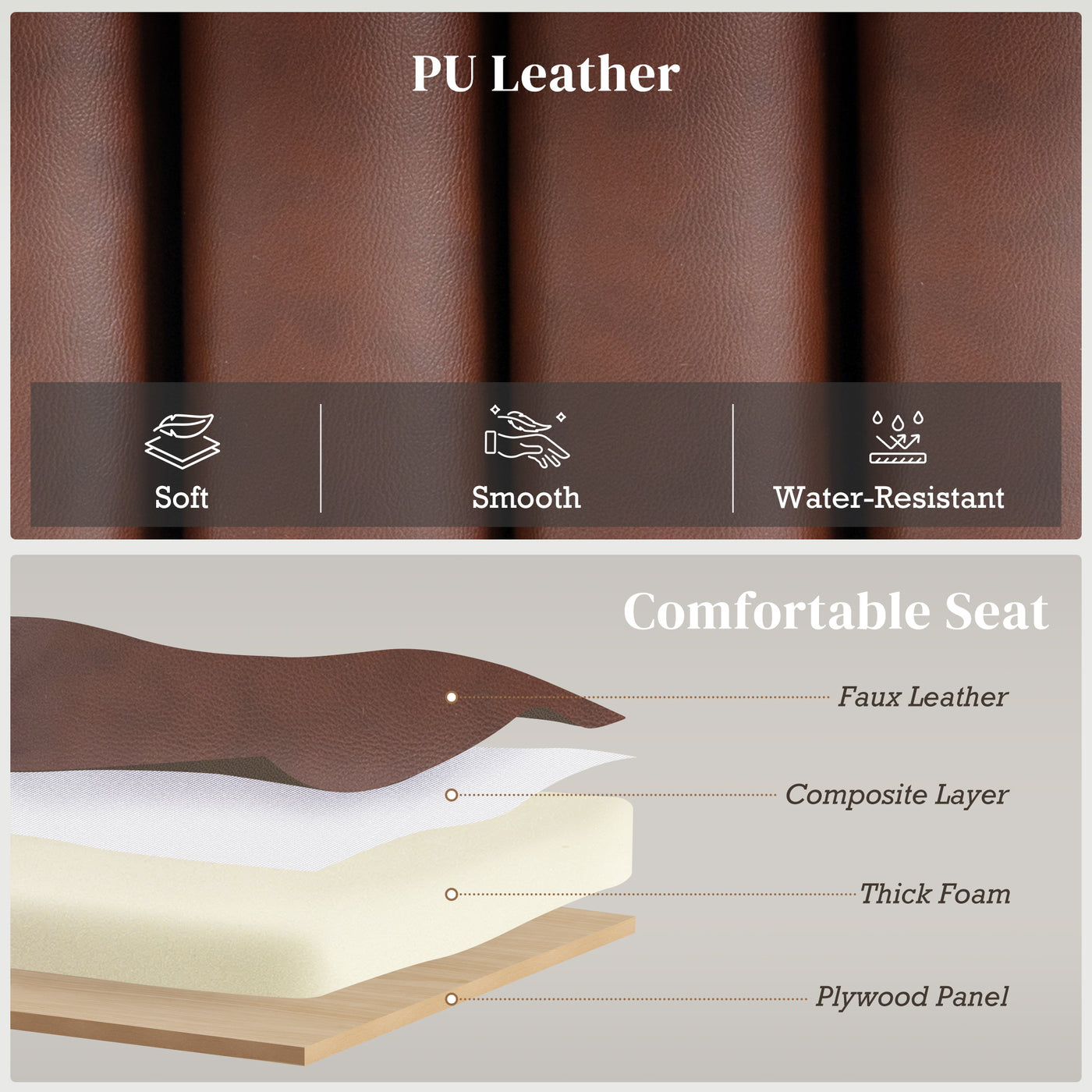 Bedroom Bench PU Leather End of Bed Bench with Cylindrical Seat and Metal Legs for Bedroom Living Room Hallway Brown
