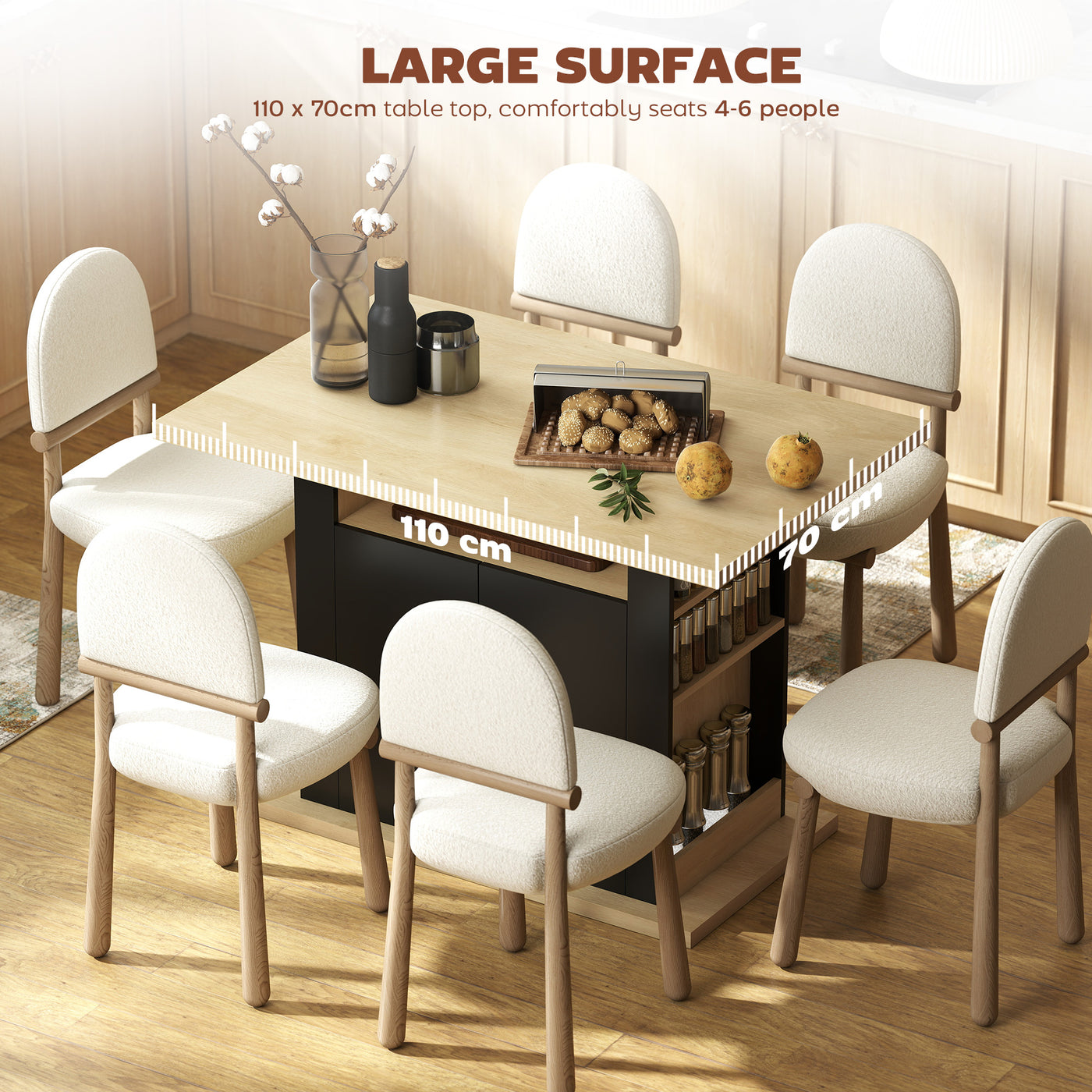 Kitchen Island Dining Table with Storage Cabinet, Large Tabletop for 4 People, 4-Door Cupboard & Shelves, Black