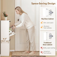 Shoe Cabinet with 2 Large Flip Drawers, Farmhouse Narrow Shoe Storage Cabinet with 2 Top Compartments, White