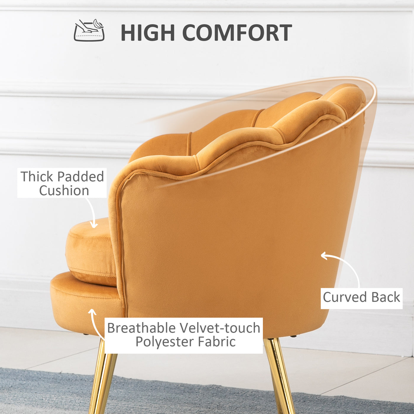 Modern Accent Chair, Velvet-Touch Fabric Leisure Club Chair with Gold Metal Legs for Bedroom, Yellow