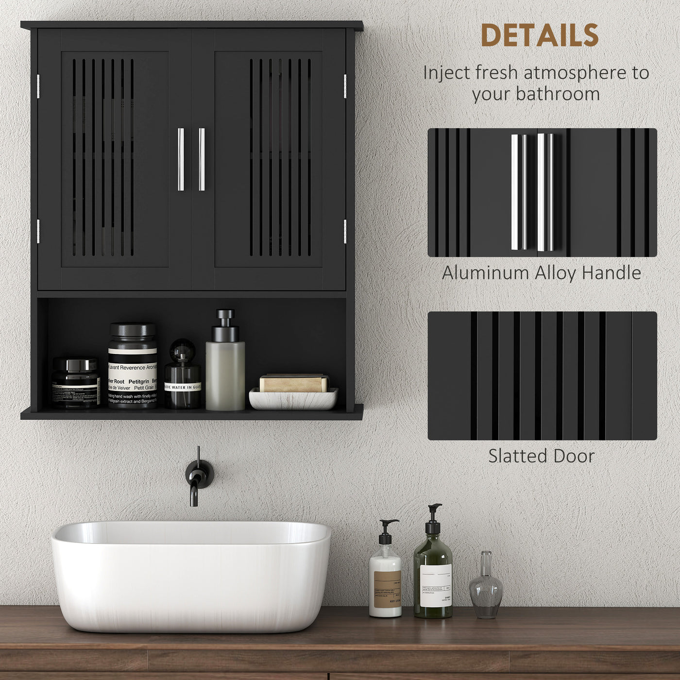 Modern Wall Mount Bathroom Cabinet, Storage Organizer with 2 Door Cabinet and Shelf, Black