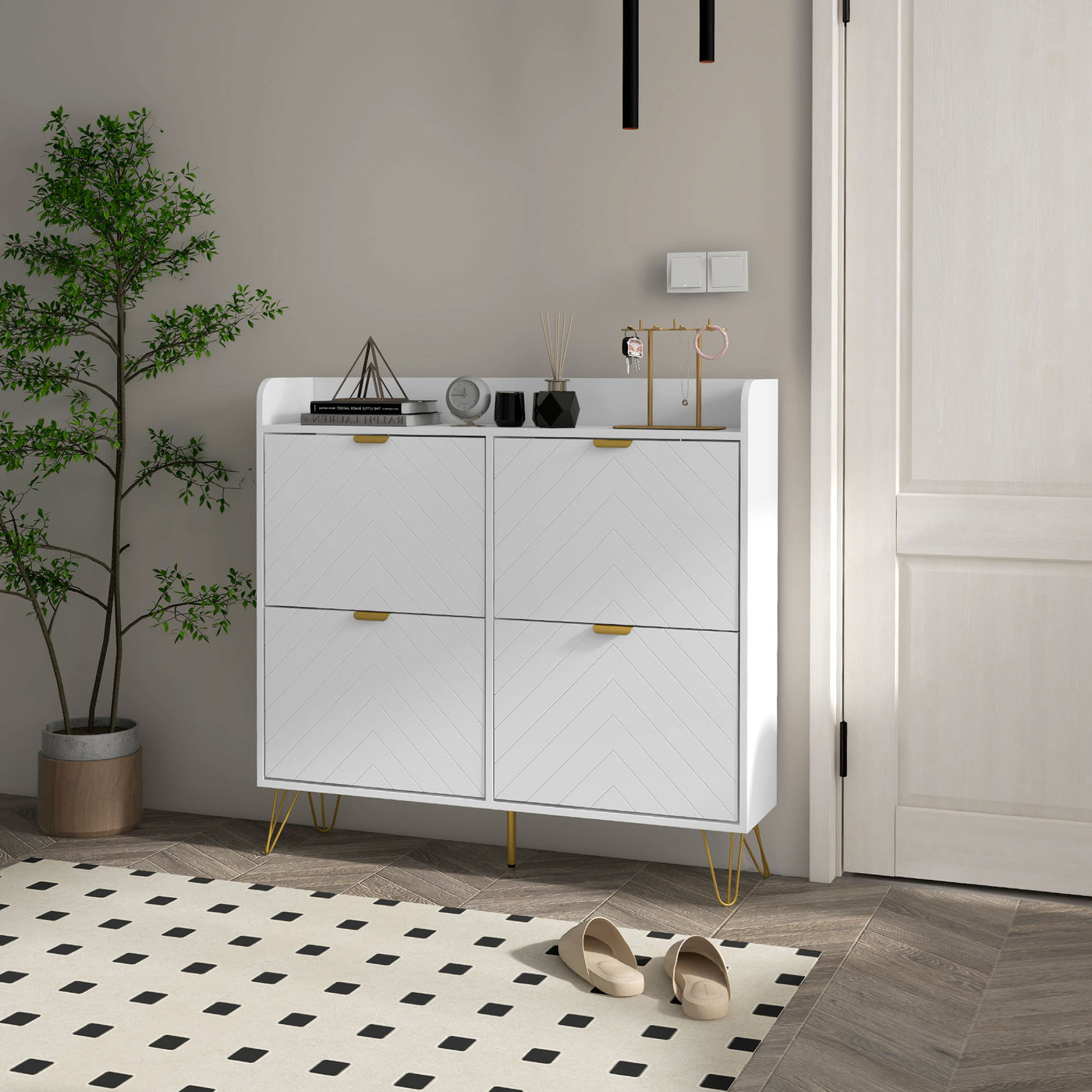 Shoe Storage Cabinet with 4 Flip Drawers and Adjustable Shelf, Shoe Cabinet for 16 Pairs of Shoes, White