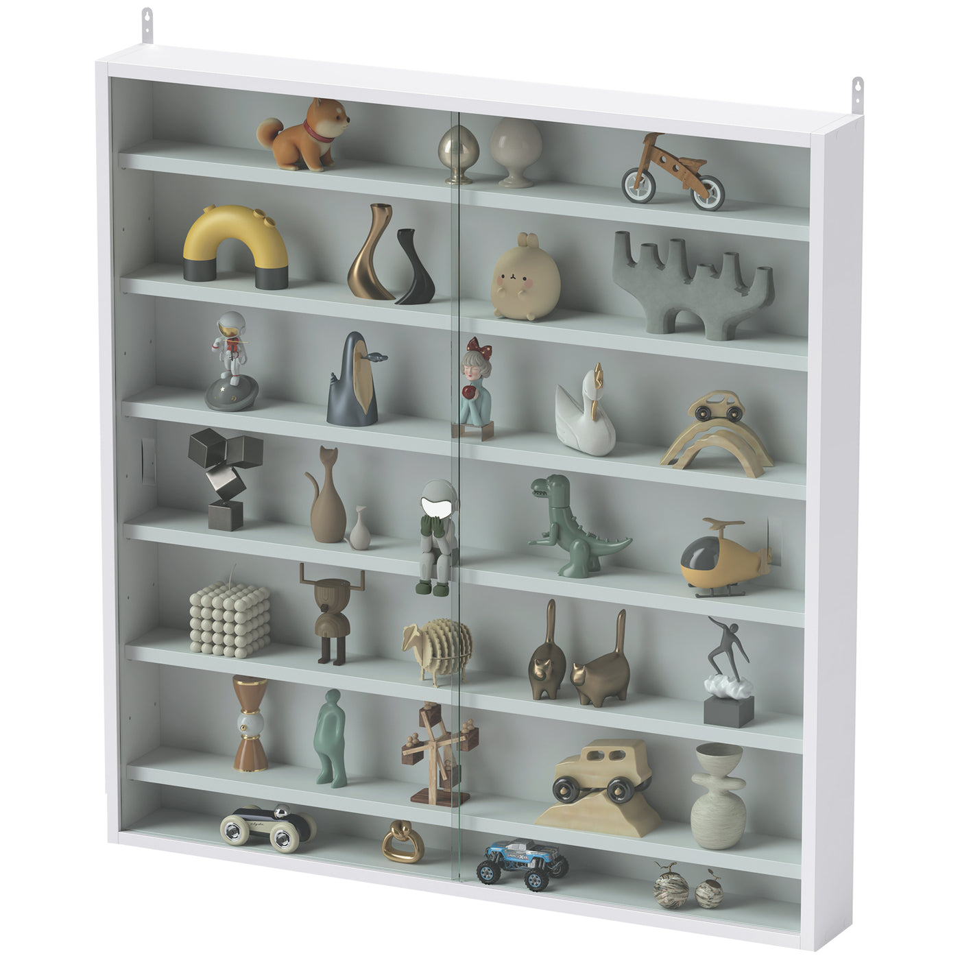 7-Tier Display Cabinet, Shot Glass Display Case, Glass Curio Cabinet with 2 Glass Doors and 6 Adjustable Shelves, White