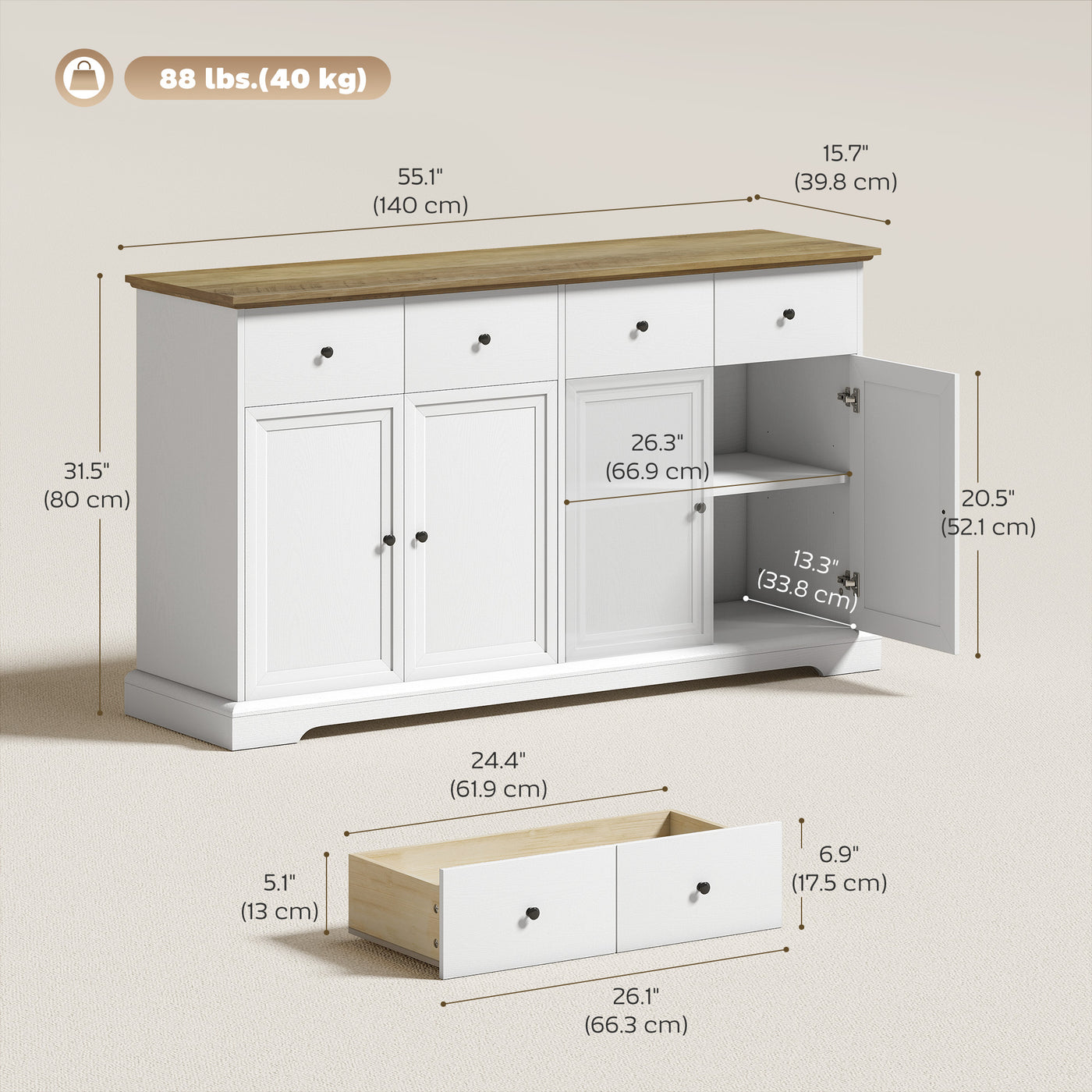 Sideboard Buffet Cabinet, 55" Farmhouse Kitchen Cabinet with Soft-Close Doors, 2 Drawers and 2 Adjustable Shelves