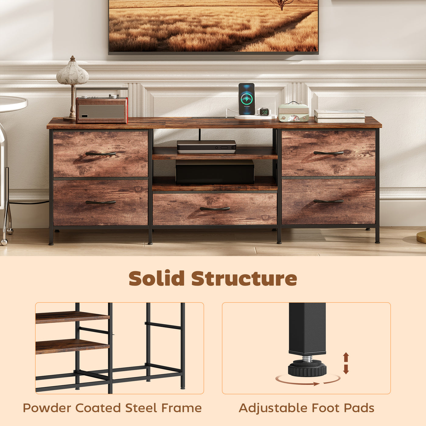 TV Stand for TVs up to 65 Inch, Industrial TV Console with Charging Station, 5 Drawers and Open Shelves, Rustic Brown