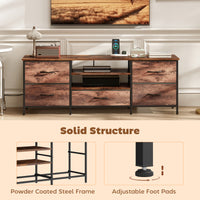 TV Stand for TVs up to 65 Inch, Industrial TV Console with Charging Station, 5 Drawers and Open Shelves, Rustic Brown