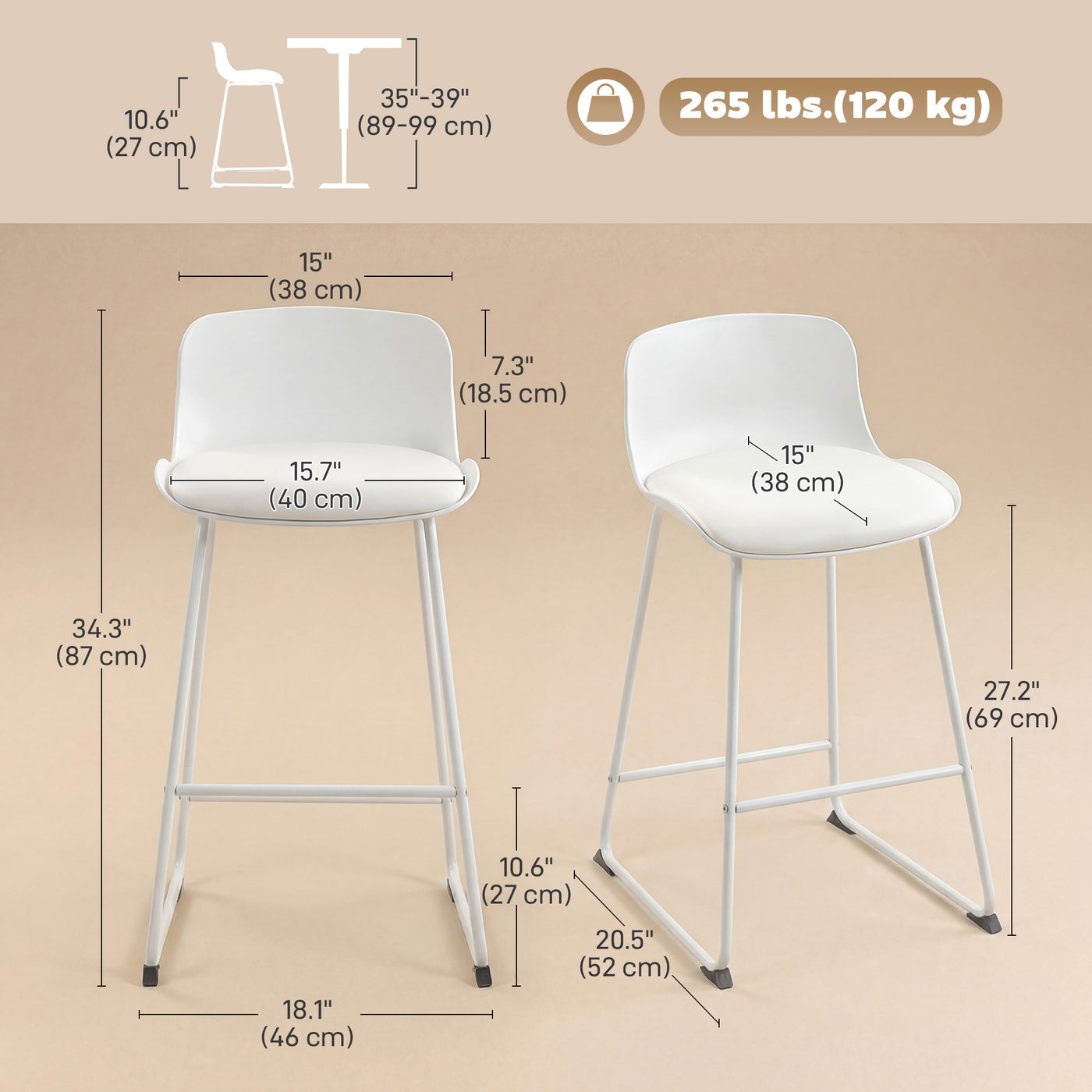 Modern Bar Stools Set of 2, PU Leather Barstools, Counter Height Kitchen Chairs for Breakfast Bars, Dining Room, White