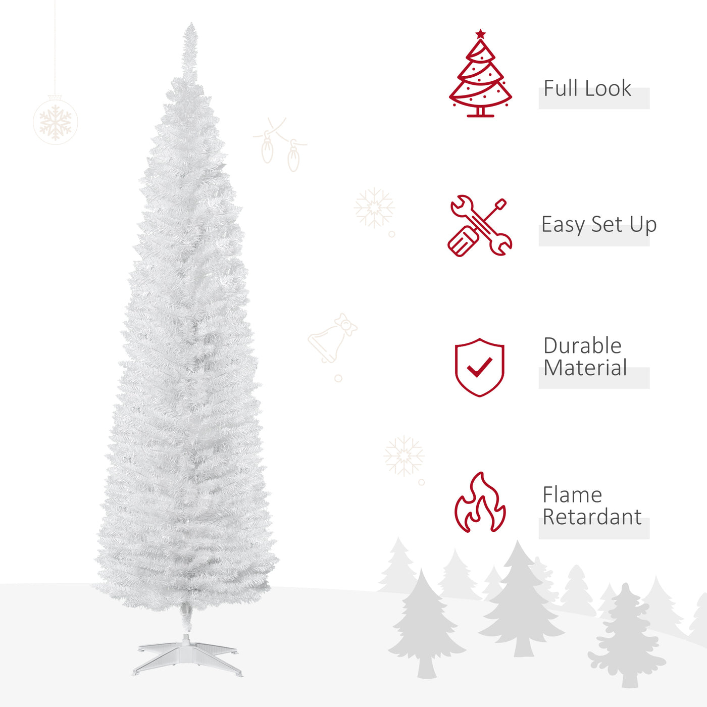 7' Pencil Christmas Tree, Slim Artificial Xmas Tree with Realistic Branches, Sturdy Metal Stand, White