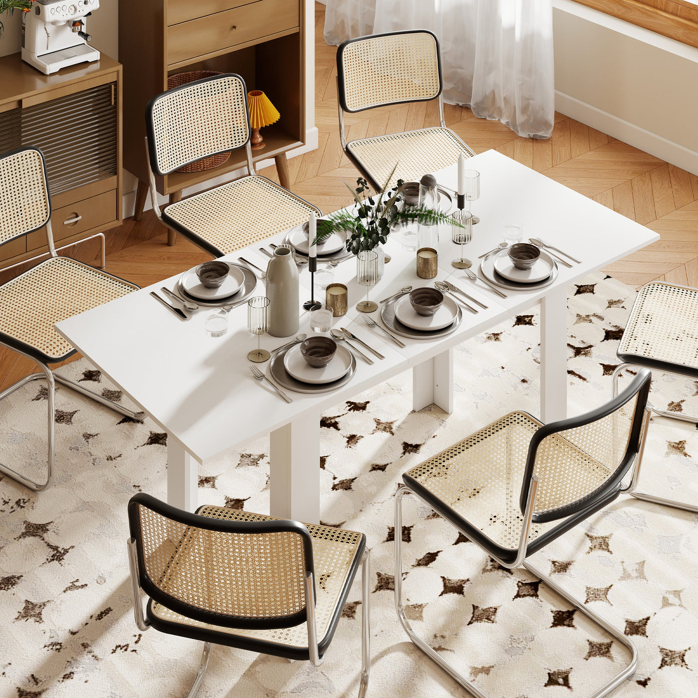 Modern Extendable Dining Table, 55.1 x 31.5 in, for 6-8 People, Expandable Dining Table for Kitchen, White