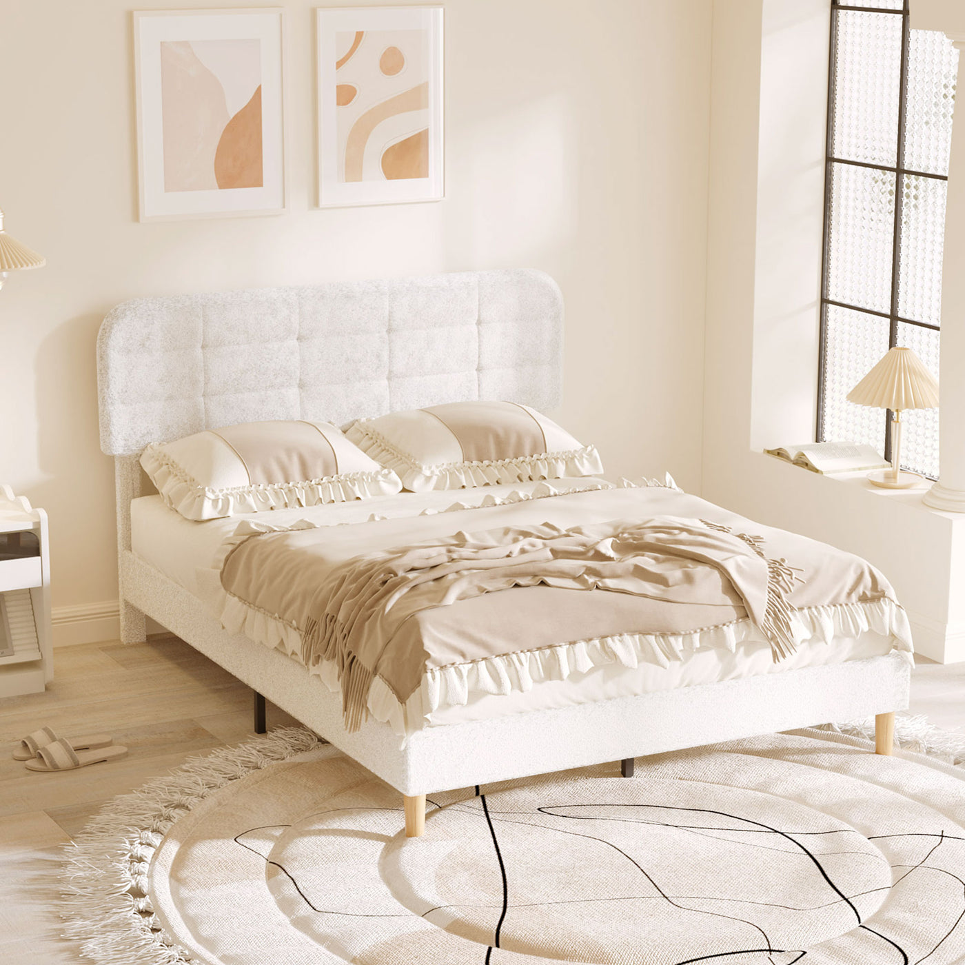 Queen Size Bed Frame with Adjustable Headboard Upholstered Platform Bed Frame with Wood Slat Support Noise Free White