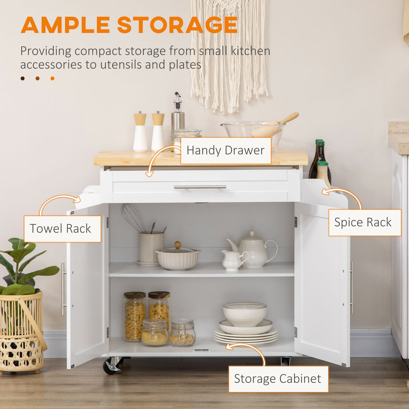 Kitchen Island with Storage, Rolling Cart Trolley with Rubberwood Top, Adjustable Shelf, Drawer, Spice Rack, White