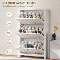 Slim Shoe Cabinet with 3 Flip Drawers, Shoe Storage Cabinet with Adjustable Shelves for Entryway, Holds 18 Pairs, White