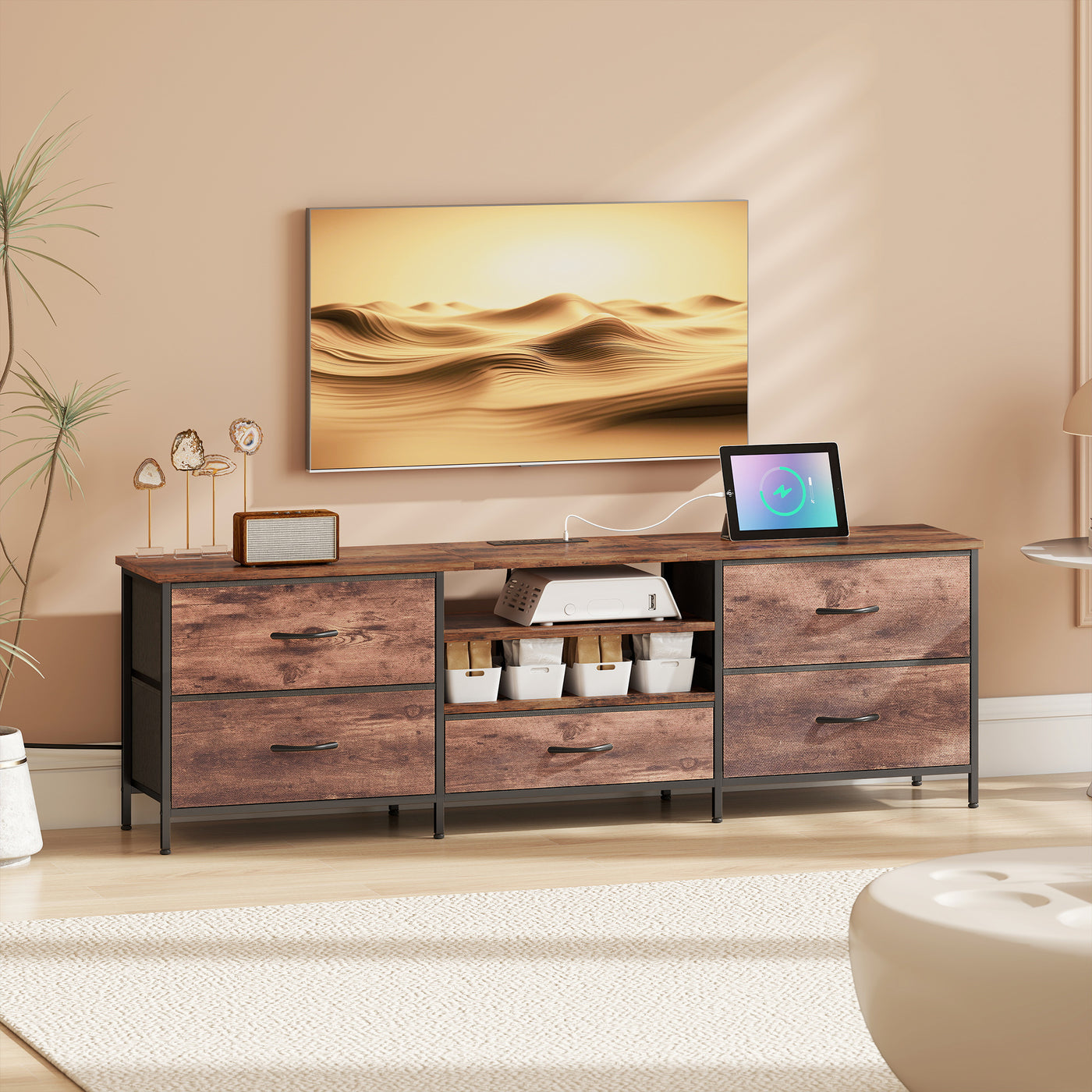 TV Stand for TVs up to 70 Inch, Industrial TV Console with Charging Station, 5 Drawers and Open Shelves, Rustic Brown